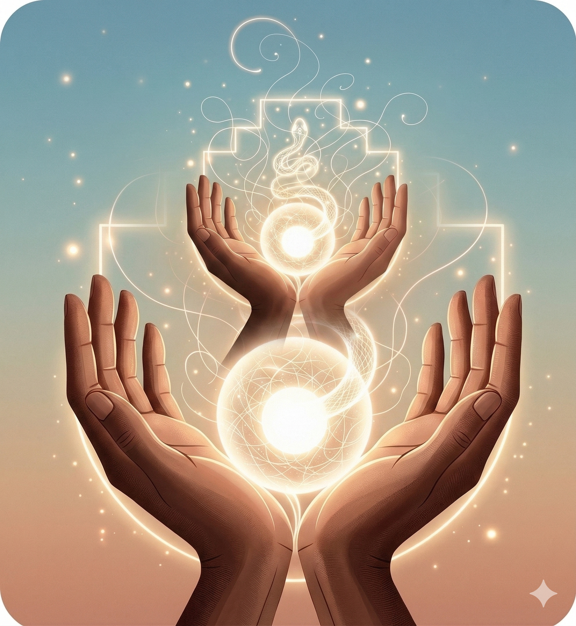 Illustration of glowing hands supporting a symbol