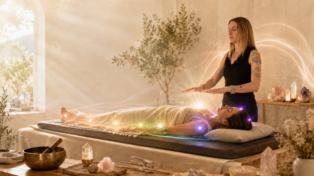 Energy healing session: practitioner with hands above a relaxed client on a treatment table, chakra light and crystals, singing bowl in warm sunlight