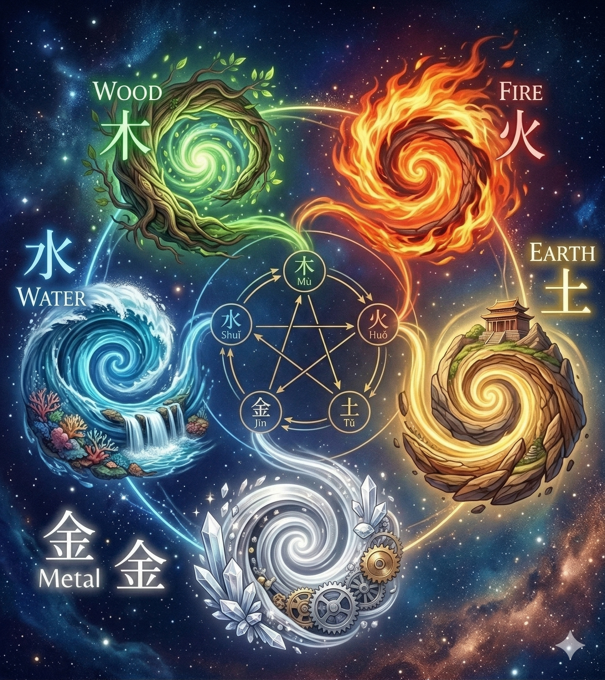 TCM Five Elements Diagram with Wood, Fire, Earth, Metal, Water