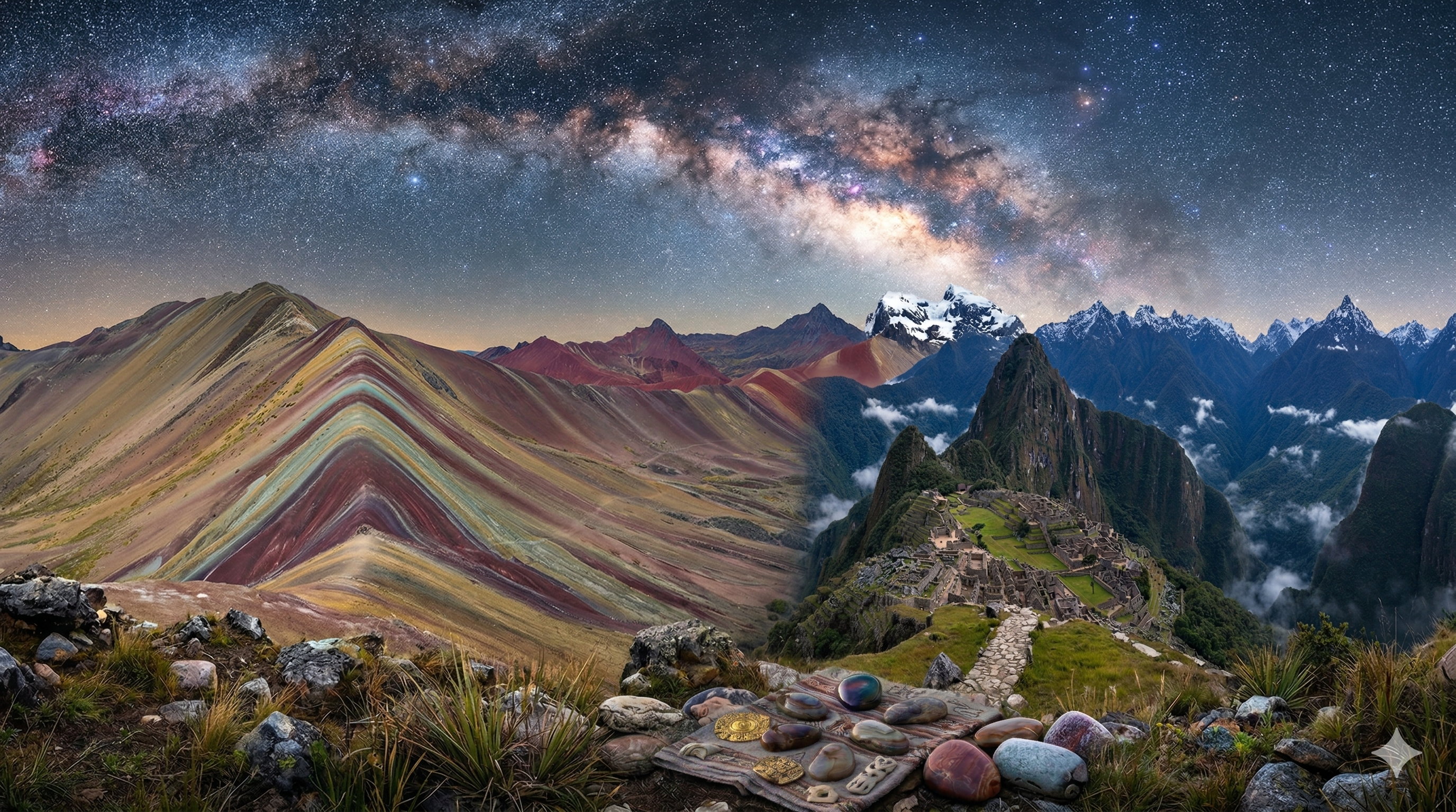 Milky way and Sacred Andean mountains starry night with stones
